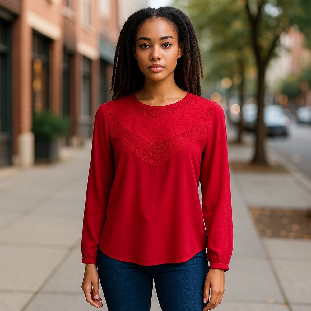 Forever 21 Womens Blouse Size Small Red 80s Mom Lace Neckline Long Sleeves